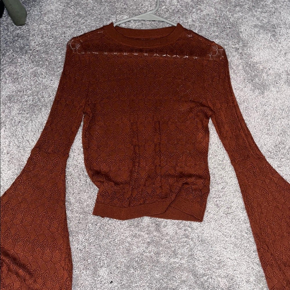 Shyanne Brown Bell Sleeve Blouse with Fitted Ribbed Style